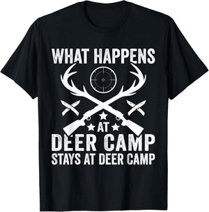 What Happens Stays At Deer Camp Funny Deer Hunting T-Shirt - T-Shirt | Black