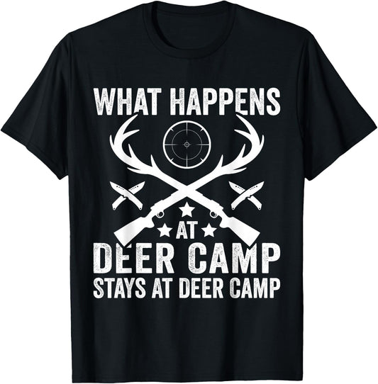 What Happens Stays At Deer Camp Funny Deer Hunting T-Shirt - T-Shirt | Black