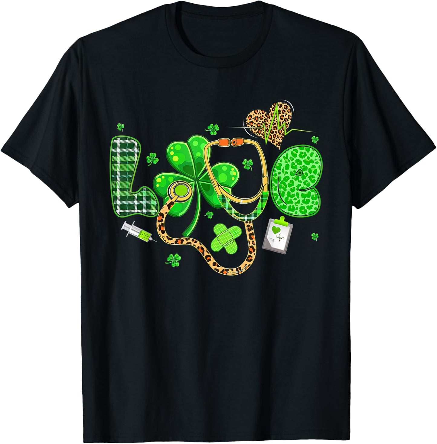 LOVE Nurse Leopard Stethoscope Shamrock St Patricks Day T-Shirt - T-Shirt | Black