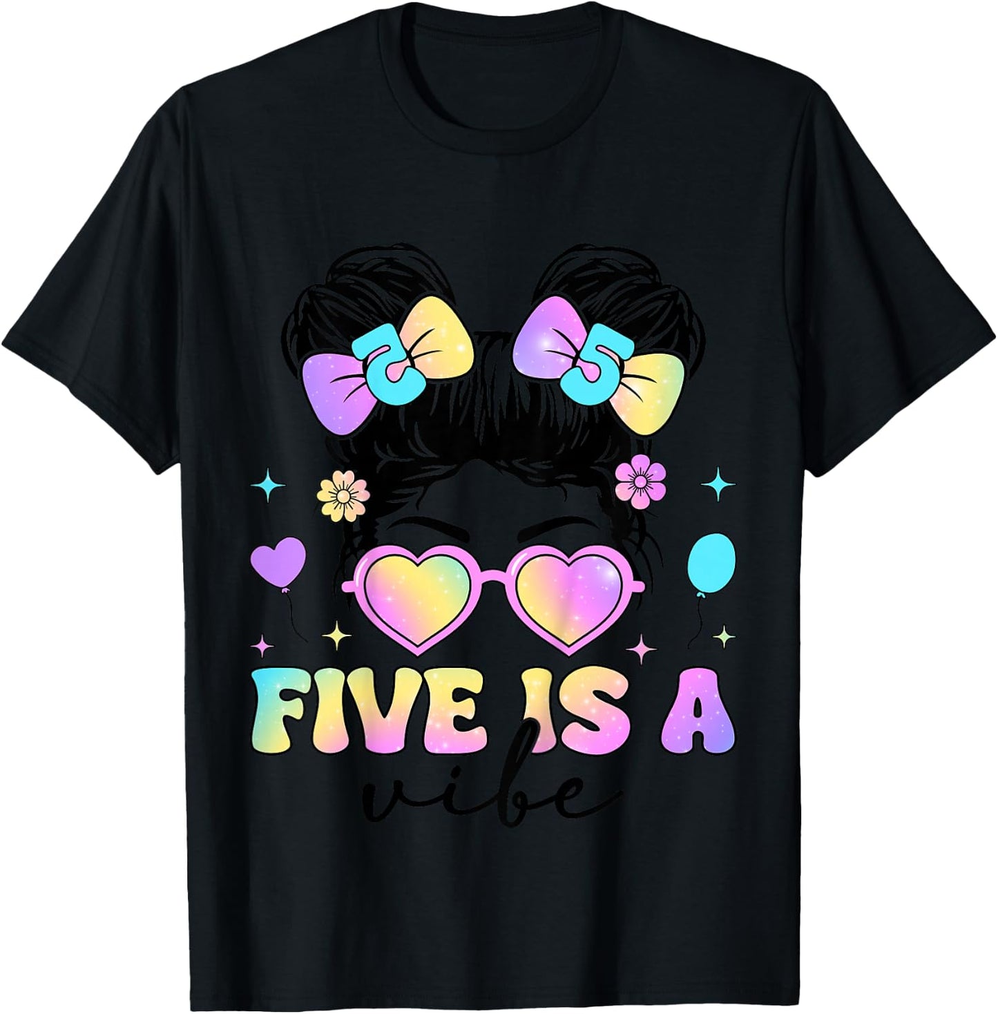 Five Is A Vibe 5th Birthday Messy Bun 5 Year Old Girl T-Shirt - T-Shirt | Black
