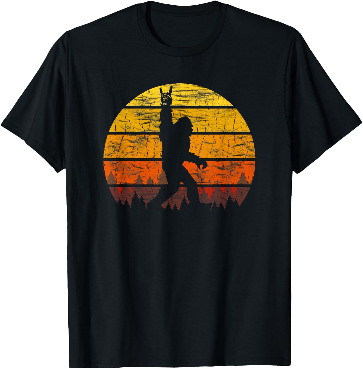 Retro Bigfoot Rock On Silhouette Sunset Believe 80s Graphic T-Shirt - T-Shirt | Black