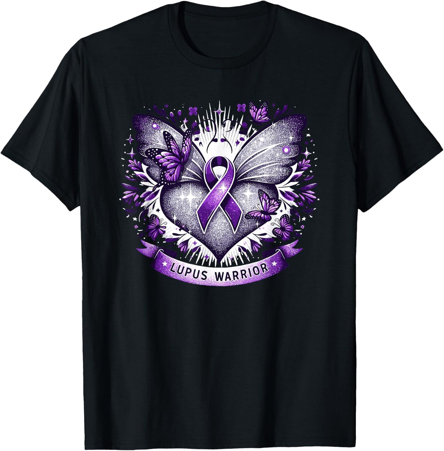 Lupus Awareness Warrior Survivor Butterfly Purple Heart , Black, S T-Shirt - T-Shirt | Black