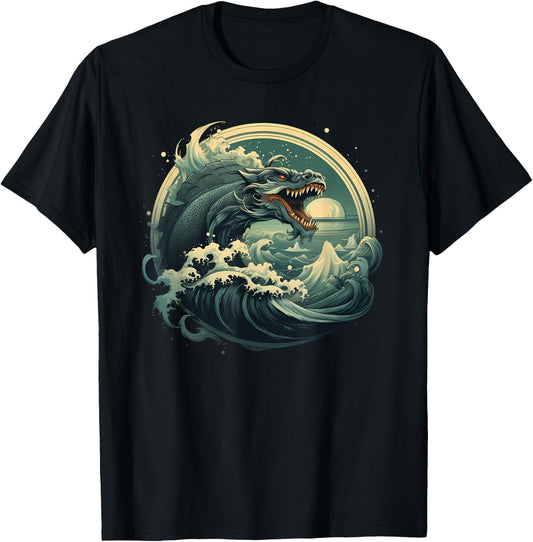 Sea Monster Leviathan Ocean Creature Vintage Art Graphic T-Shirt - T-Shirt | Black