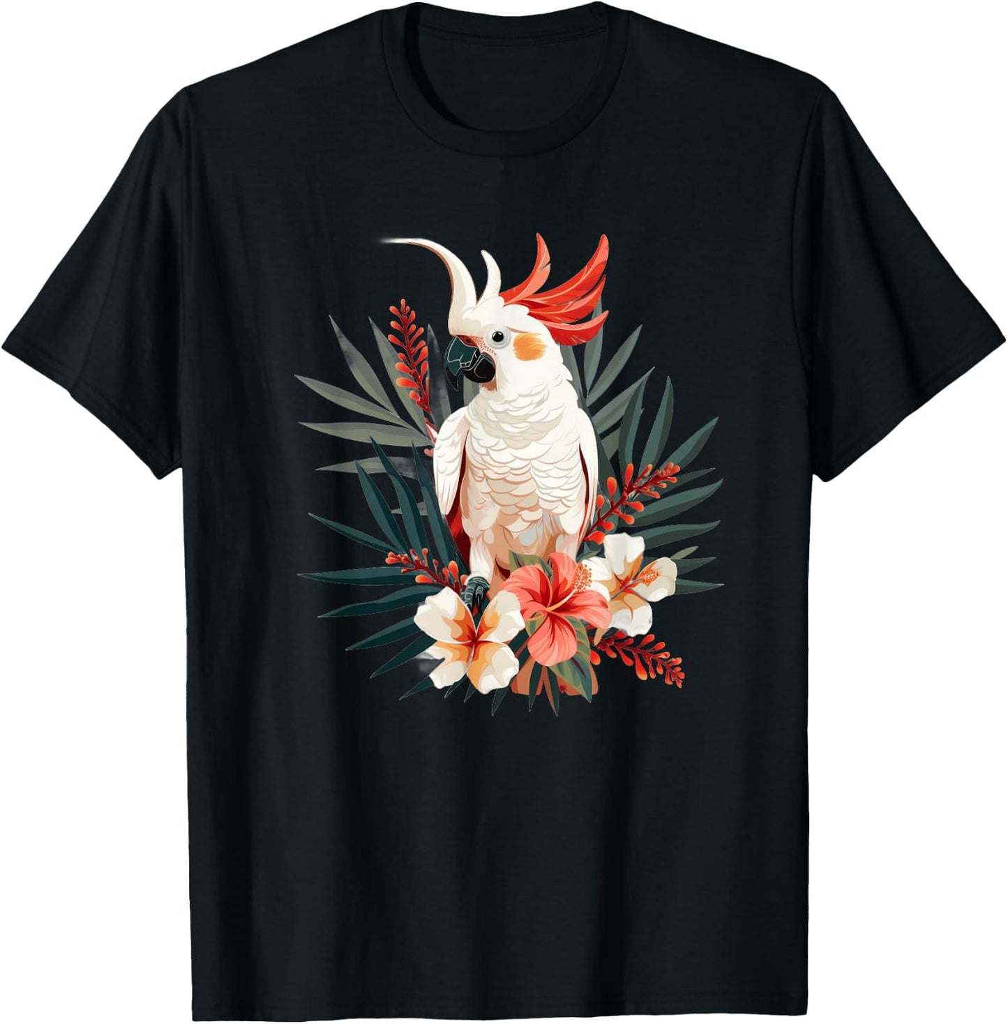 Moluccan Cockatoo With Tropical Flowers T-Shirt - T-Shirt | Black