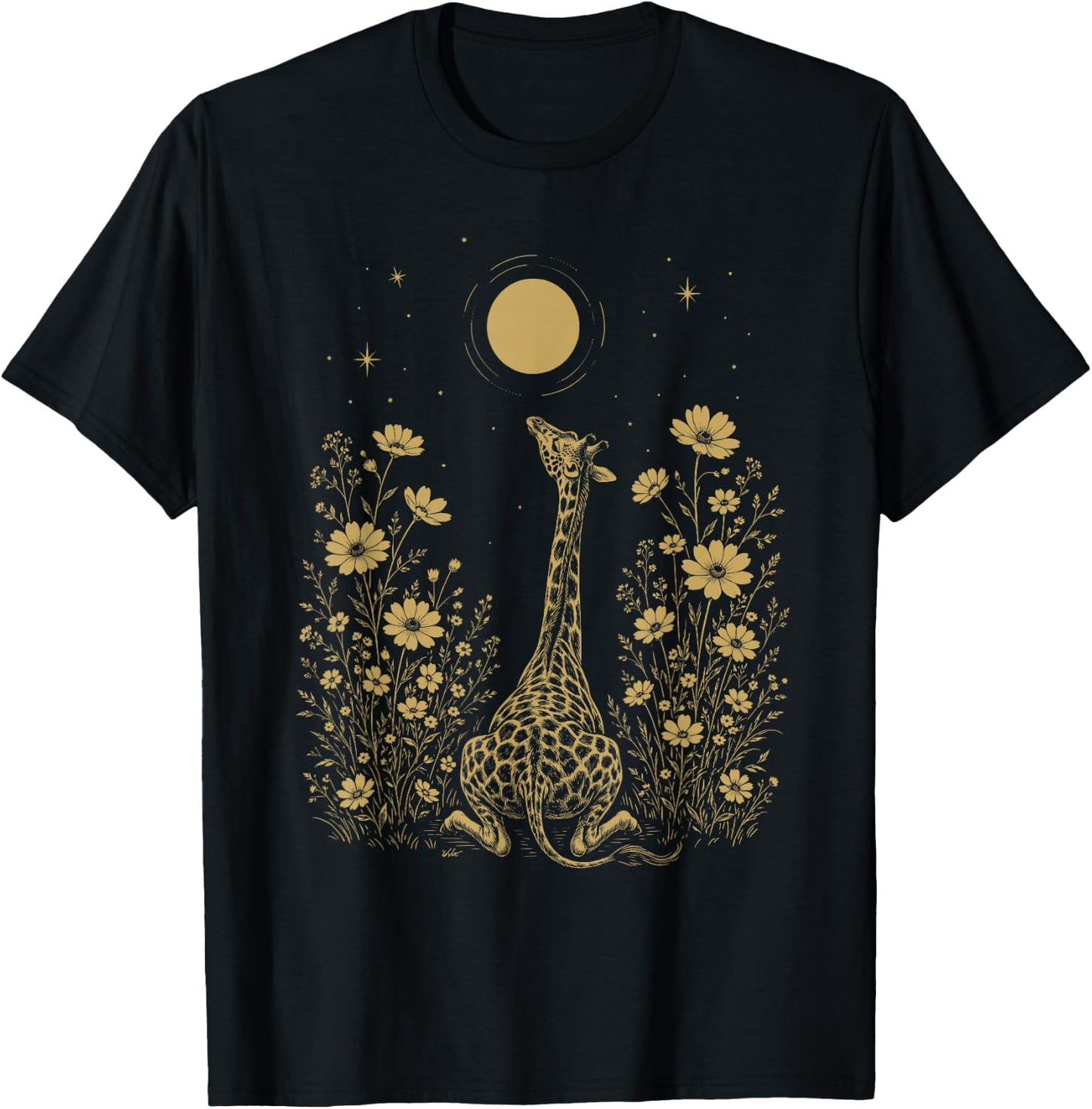 Giraffe Moon Night Flower Minimalist Boho Lover T-Shirt - T-Shirt | Black