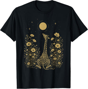 Giraffe Moon Night Flower Minimalist Boho Lover T-Shirt - T-Shirt | Black
