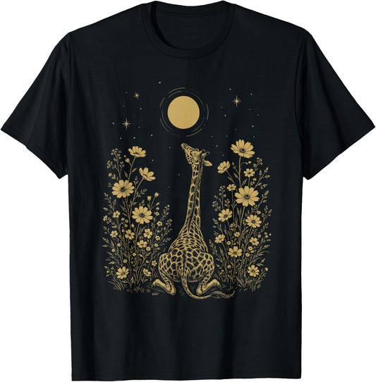 Giraffe Moon Night Flower Minimalist Boho Lover T-Shirt - T-Shirt | Black