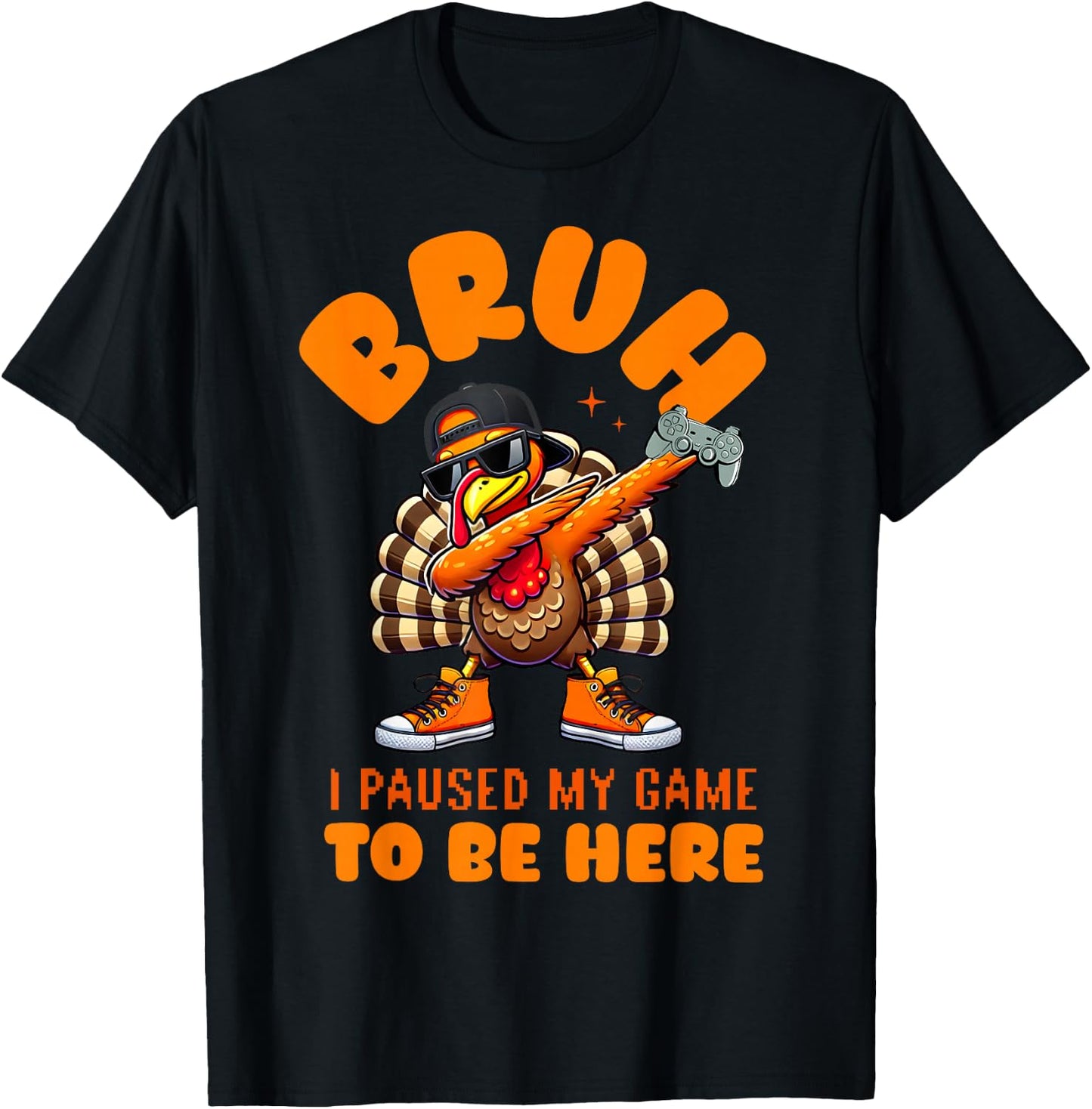 Bruh I Paused My Game To Be Here Thanksgiving Kid Boys Gamer T-Shirt - T-Shirt | Black