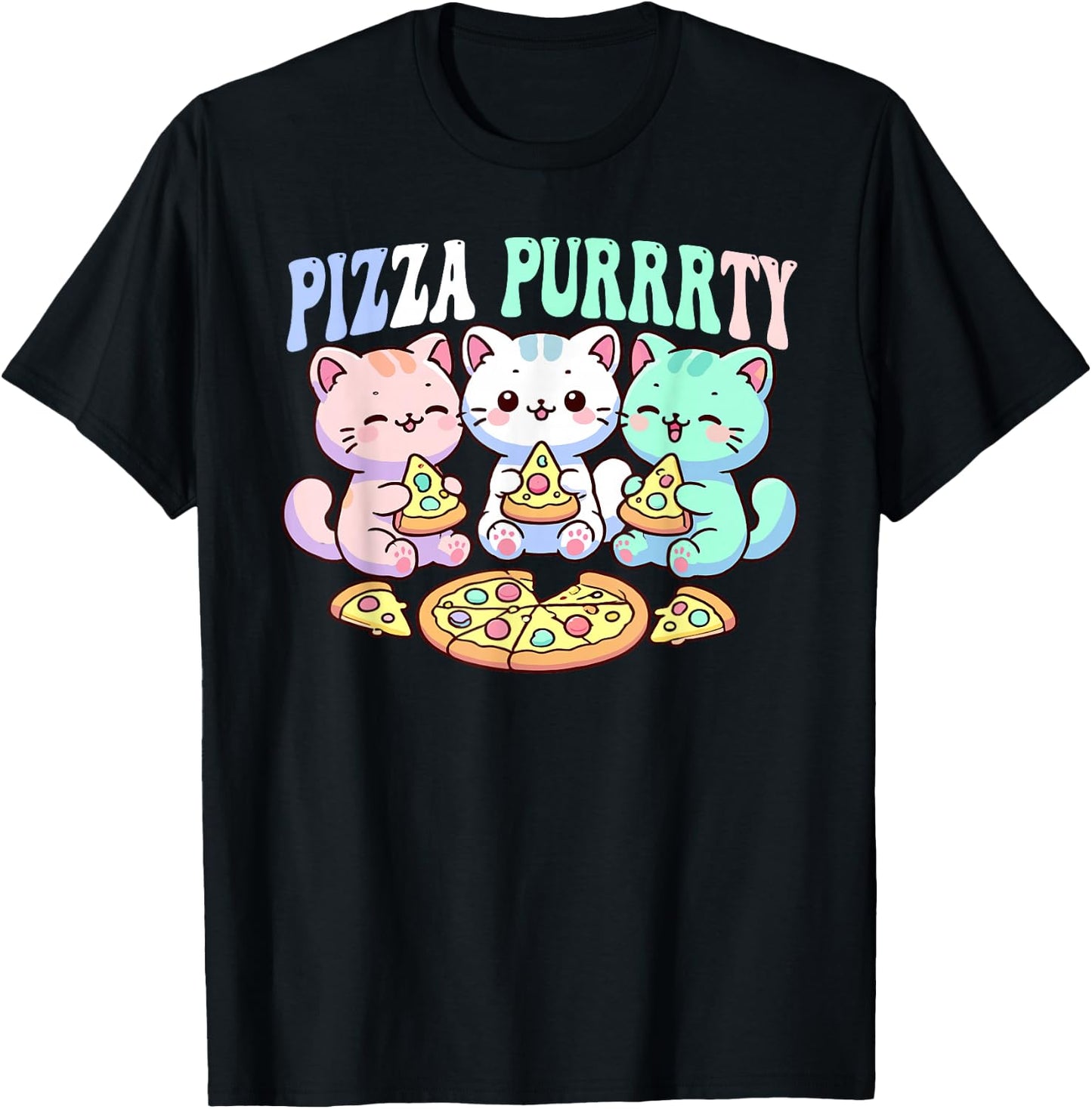 Cat pizza cute kawaii cats eating pizza purrrrty fun pastel T-Shirt - T-Shirt | Black
