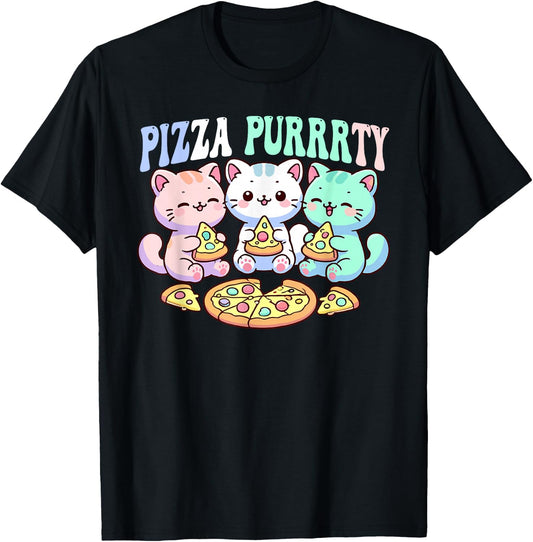 Cat pizza cute kawaii cats eating pizza purrrrty fun pastel T-Shirt - T-Shirt | Black