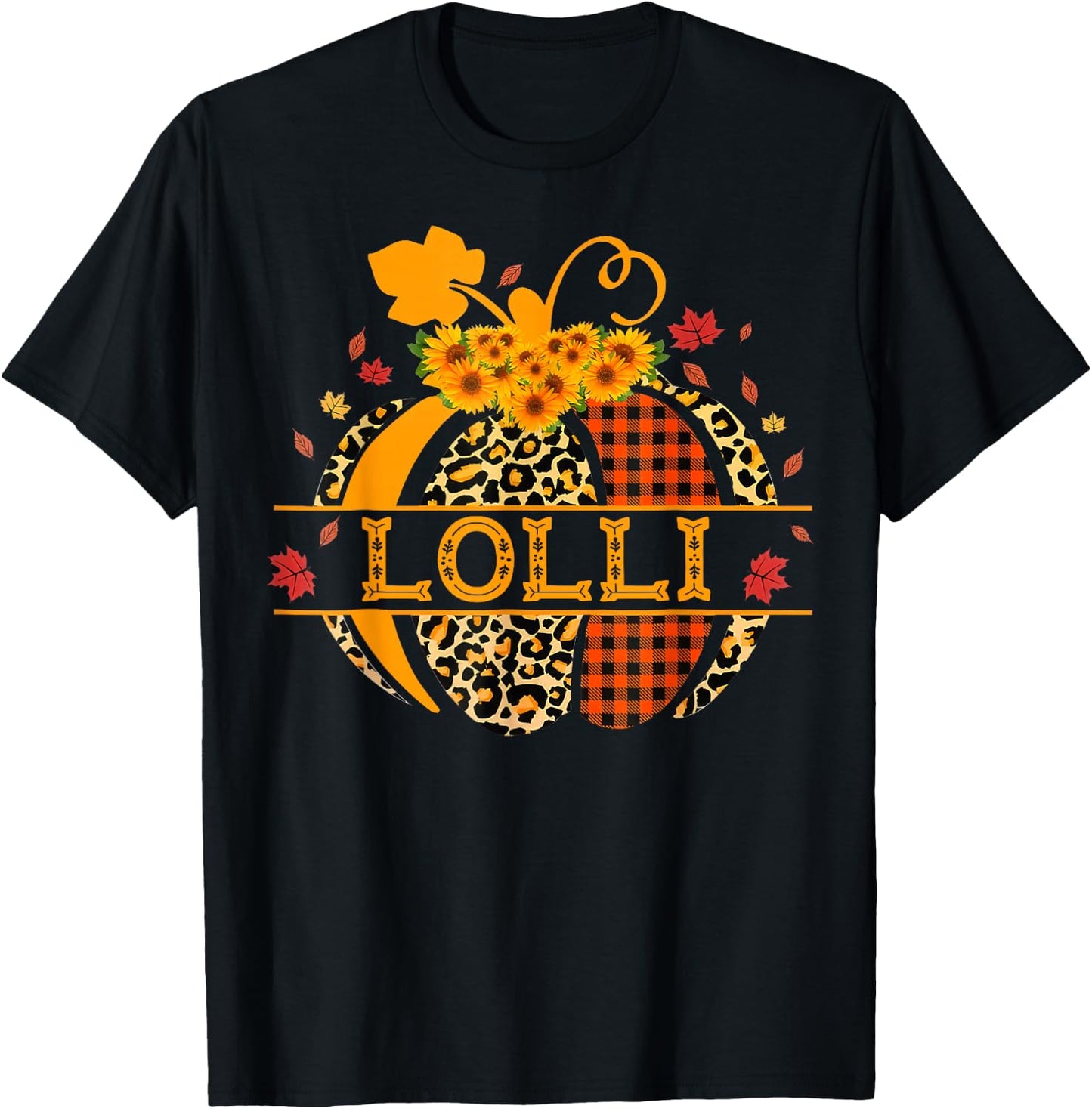 Lolli Leopard Floral Pumpkin Fall Autumn Thanksgiving T-Shirt - T-Shirt | Black