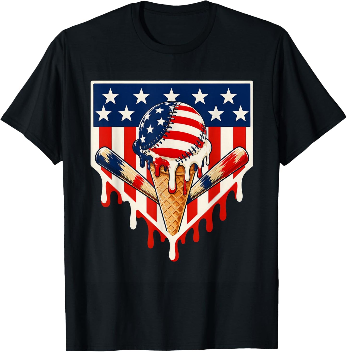 Baseball Ice Cream Drip Crossed Bats USA Flag 4th of July T-Shirt - T-Shirt | Black