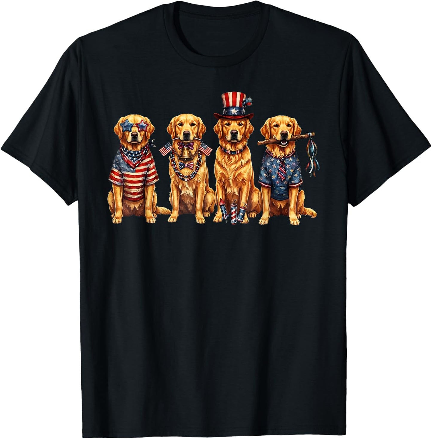 Four Golden Retriever Dogs Patriotic American Flag T-Shirt - T-Shirt | Black