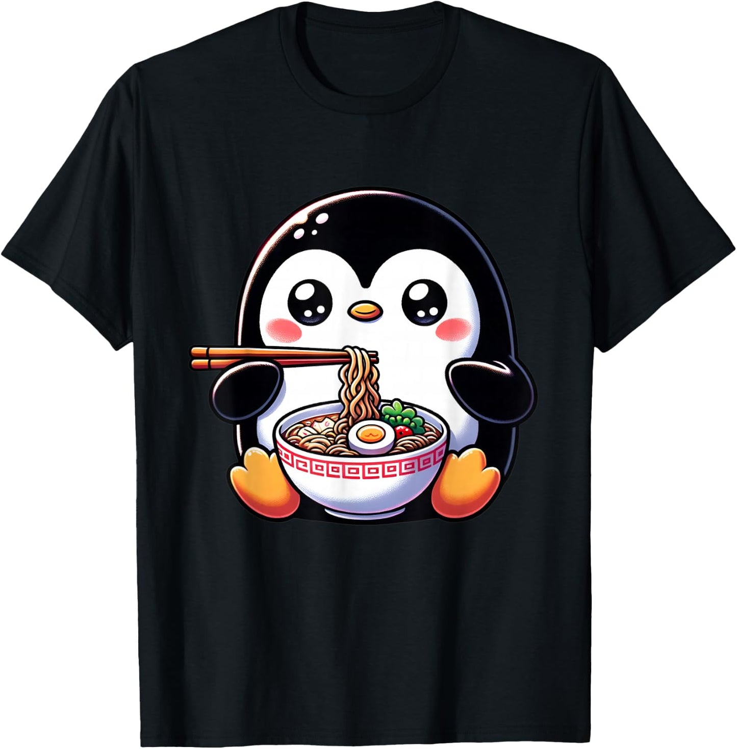 Kawaii Penguin Eating Ramen Noodles T-Shirt - T-Shirt | Black