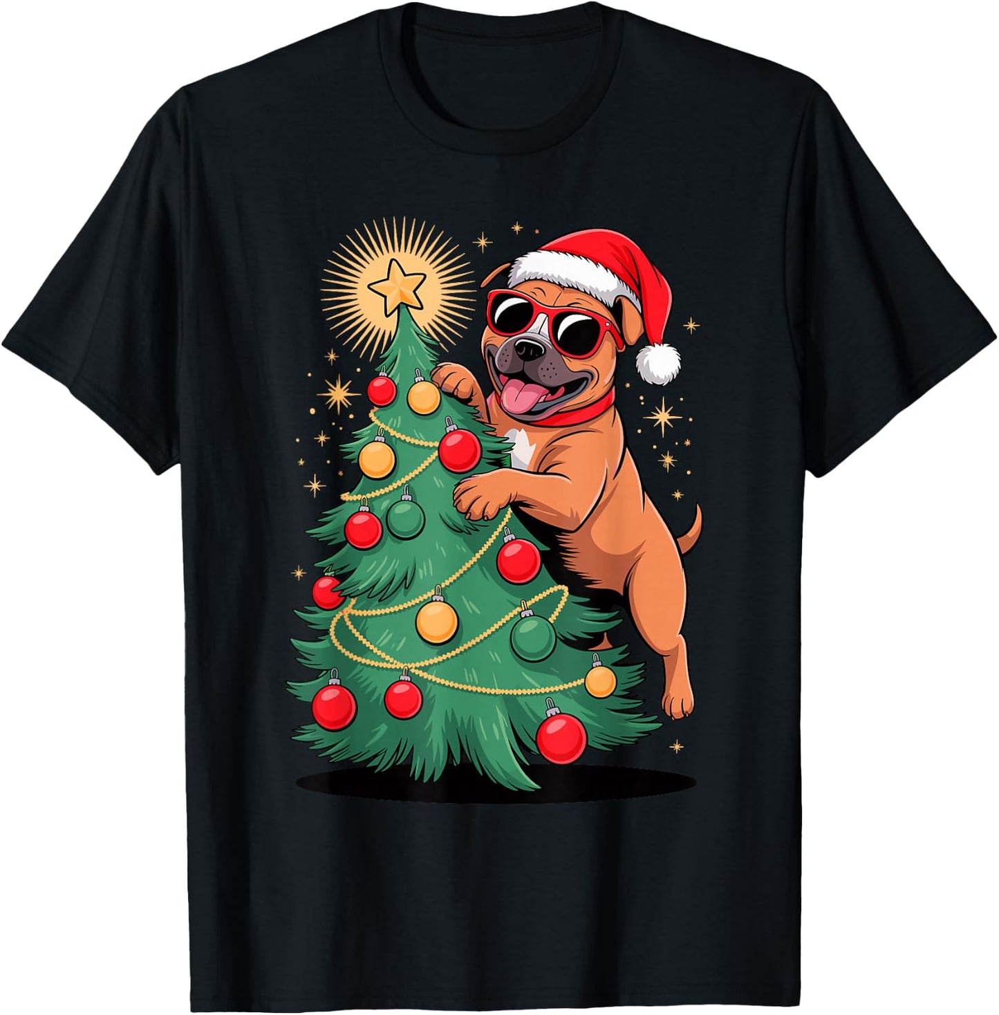 Christmas Tree Staffordshire Bull Terrier Sunglasses Staffy T-Shirt - T-Shirt | Black