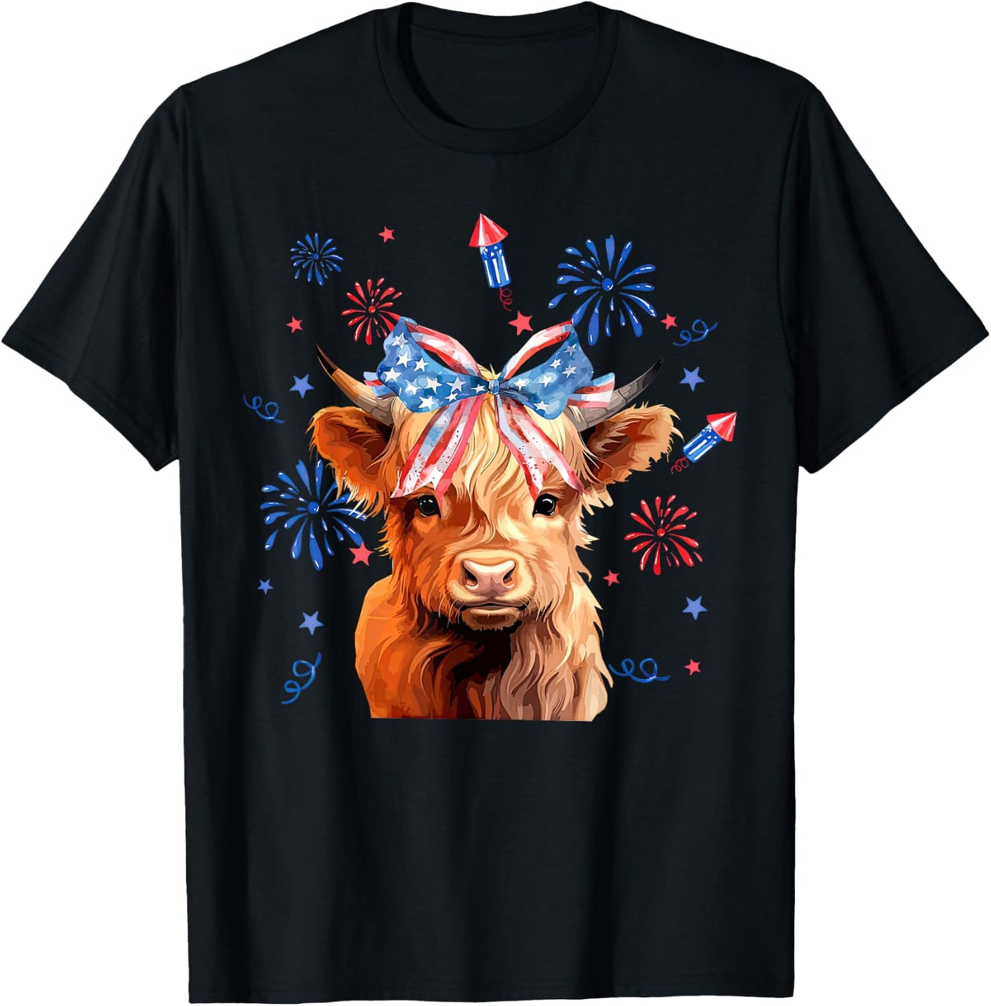 Coquette Highland Cow 4th Of July Patriotic Cute Animal T-Shirt - T-Shirt | Black