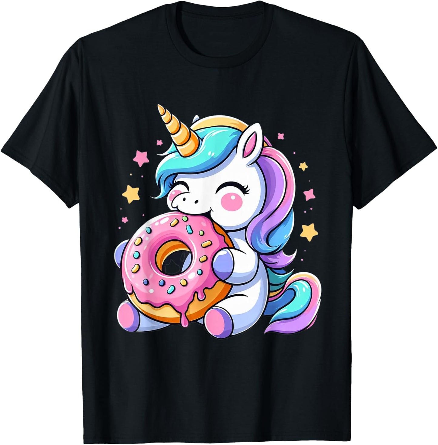 Cute Hungry Unicorn Eating Donut Boys Girls Men Women Kids T-Shirt - T-Shirt | Black