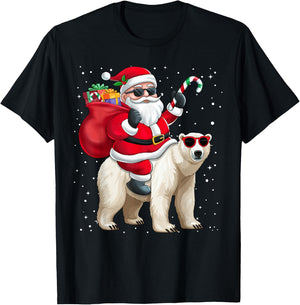 Santa Claus Riding A Polar Bear Christmas Boy Girl Kids T-Shirt - T-Shirt | Black