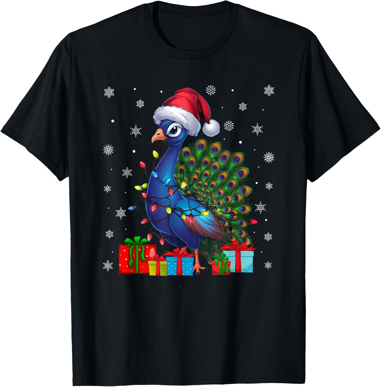 Peacock Ugly Xmas Lights Santa Hat Peacock Christmas T-Shirt - T-Shirt | Black