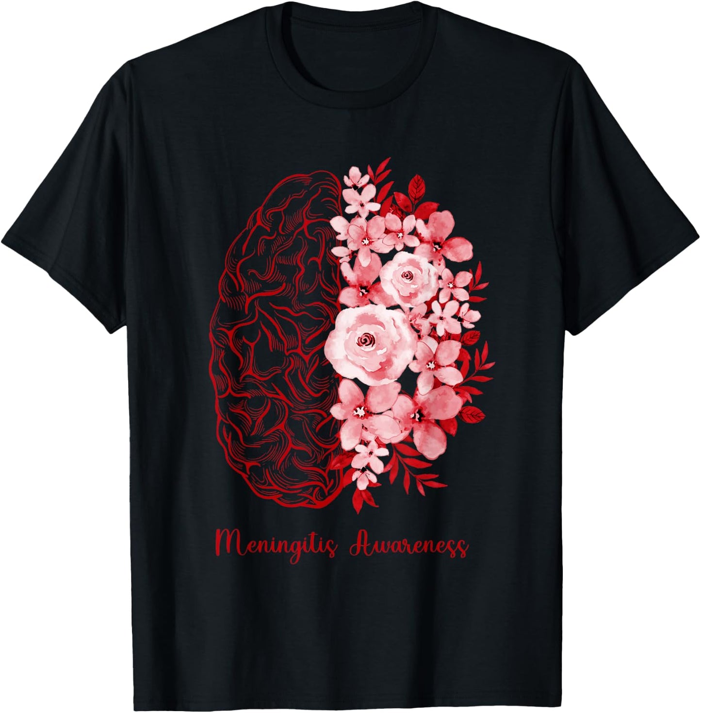 Meningitis Awareness Brain Flower Burgundy Ribbon T-Shirt - T-Shirt | Black