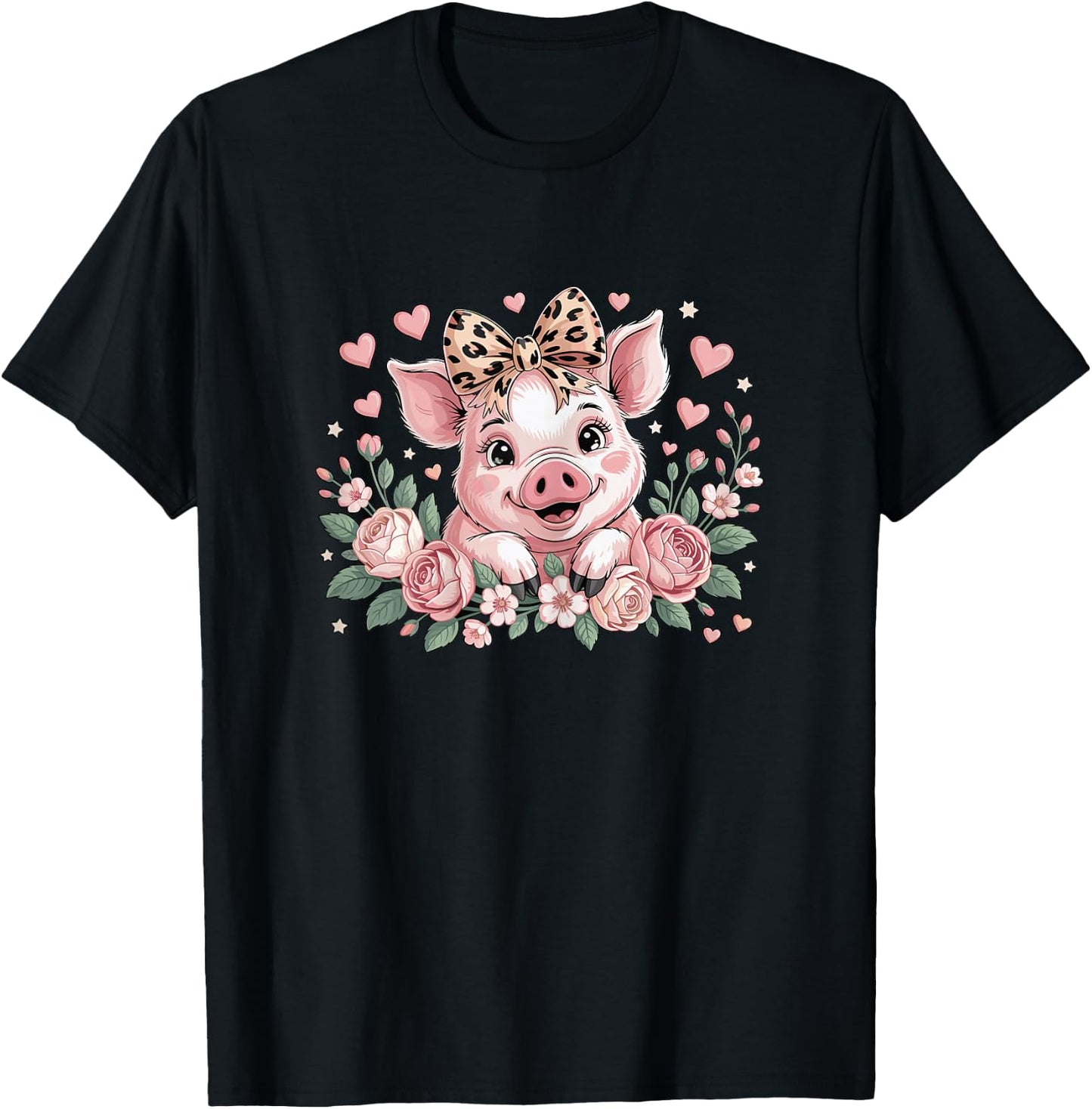Pig With Leopard Headband Flower Cute Pig Lover Girls Kids T-Shirt - T-Shirt | Black