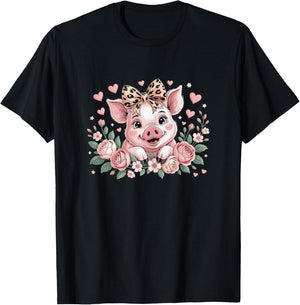 Pig With Leopard Headband Flower Cute Pig Lover Girls Kids T-Shirt - T-Shirt | Black