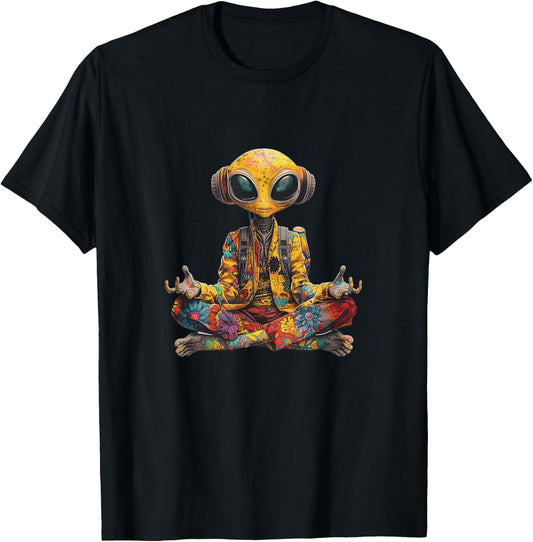 Funny Yoga Meditation Hippie Alien Tie-Dye Peace 70s Groovy T-Shirt - T-Shirt | Black