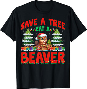 Save A Tree Eat A Beaver - Cute Beaver Christmas Tree Xmas T-Shirt - T-Shirt | Black