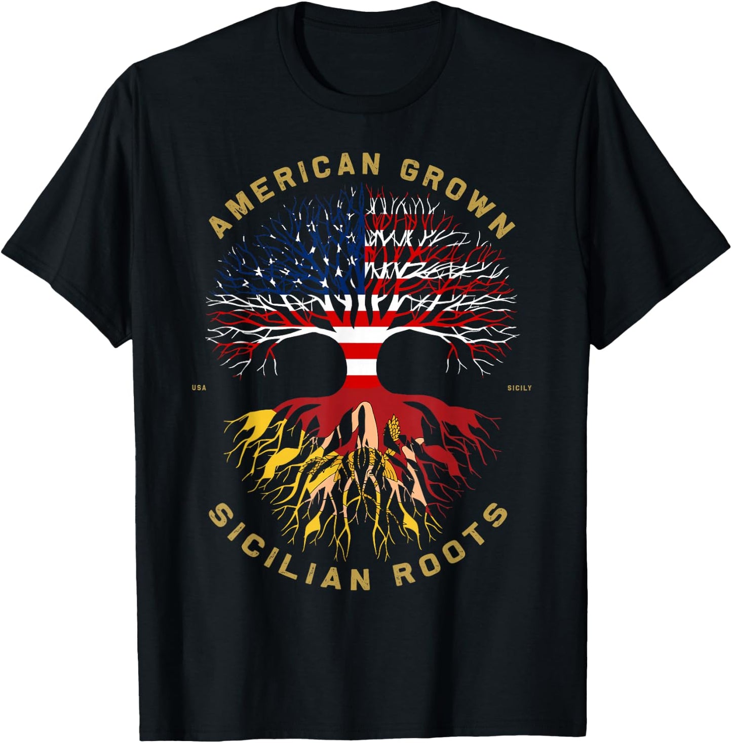 American Grown with Sicilian Roots Tree USA Flag Gifts Idea T-Shirt - T-Shirt | Black
