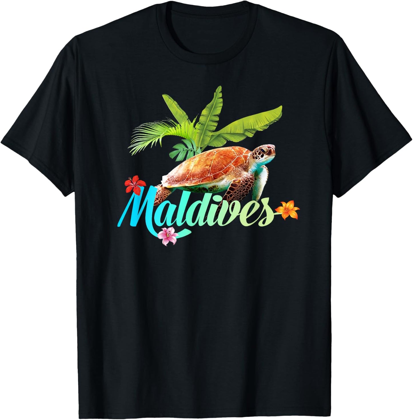 Maldives Sea Turtle Hibiscus Island Gift Beach Souvenir Palm T-Shirt - T-Shirt | Black