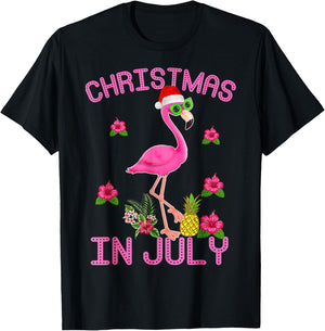 Christmas In July Pink Flamingo T-Shirt - T-Shirt | Black