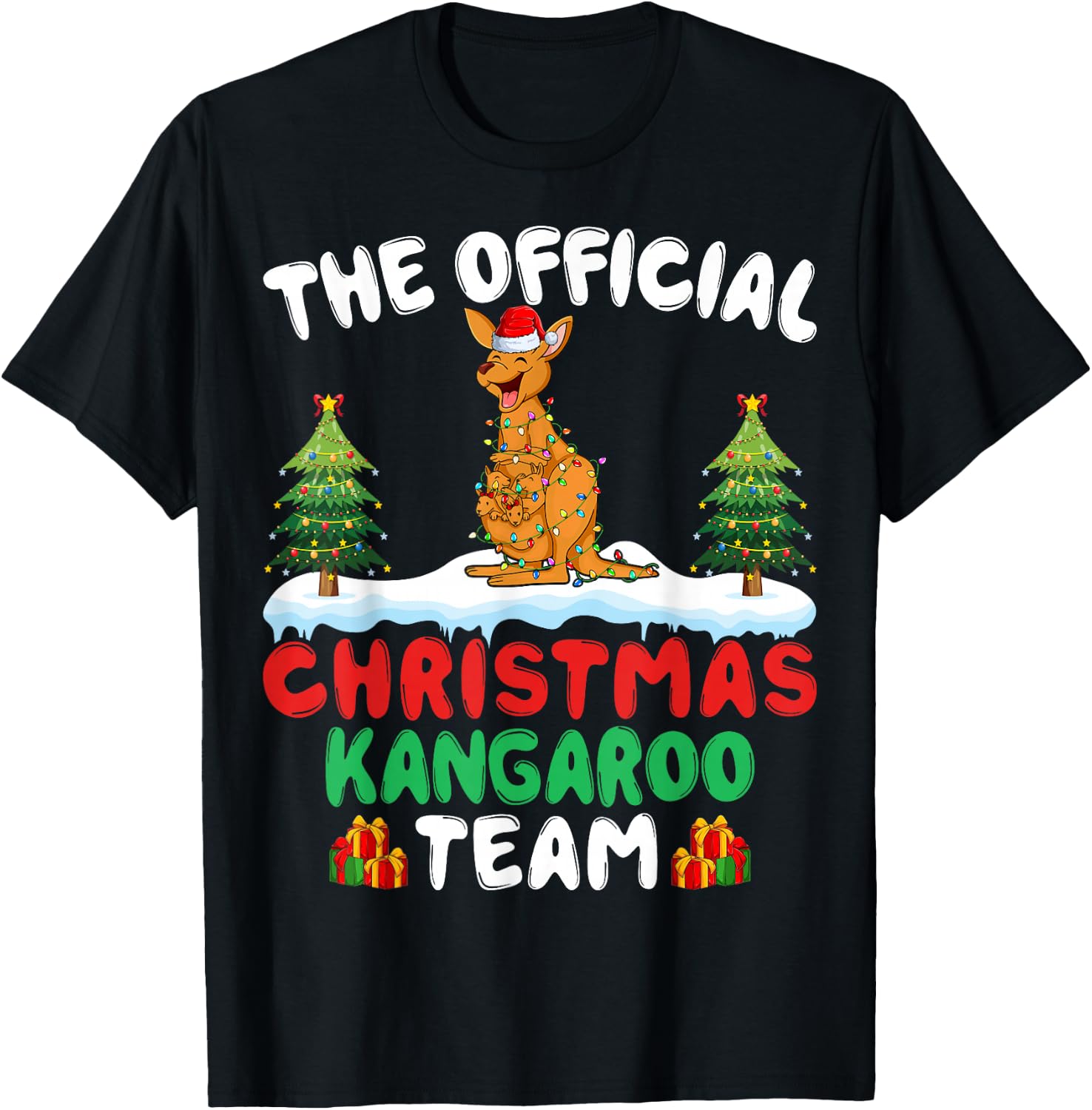 Kangaroo Santa Hat Xmas Lights Christmas Kangaroo Team T-Shirt - T-Shirt | Black