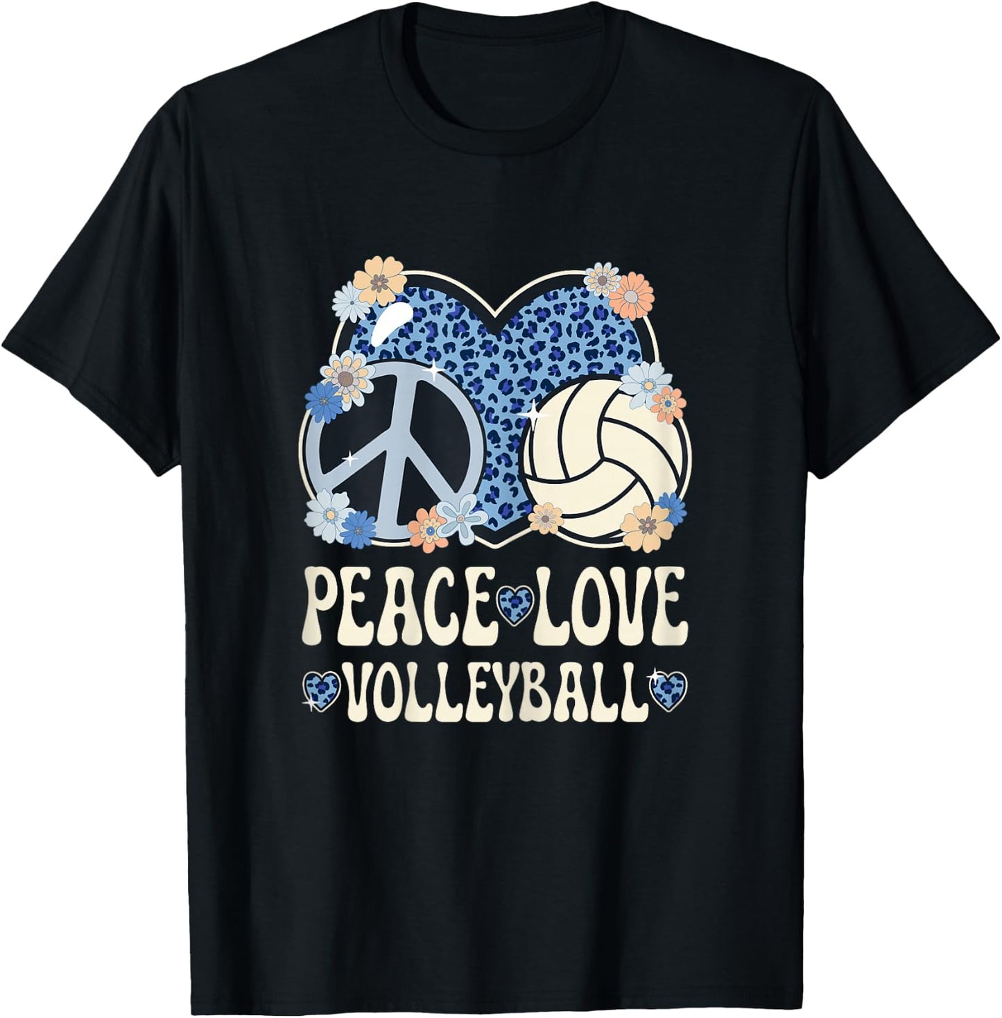 Peace Love Volleyball Lover Leopard Print Women Volleyball T-Shirt - T-Shirt | Black