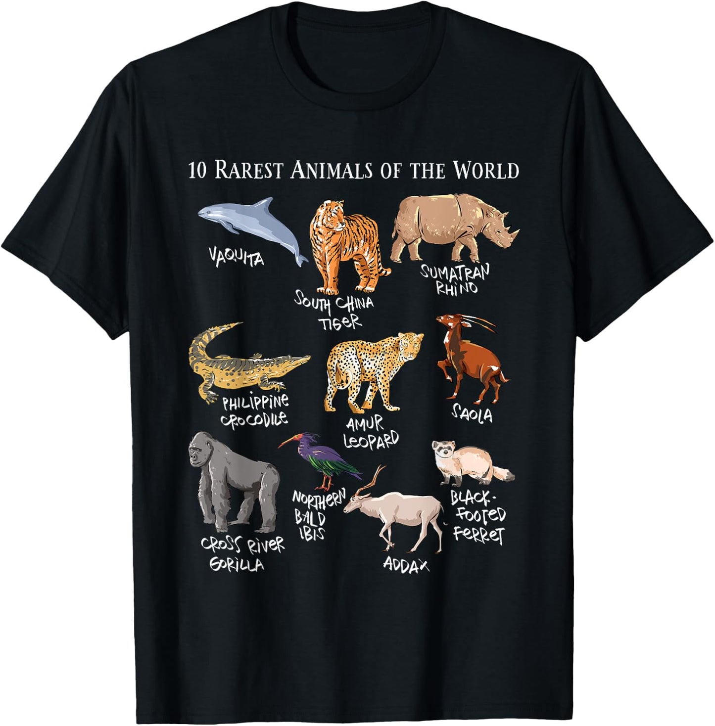 10 Rarest Animals of the World - Save the Endangered Fauna T-Shirt - T-Shirt | Black