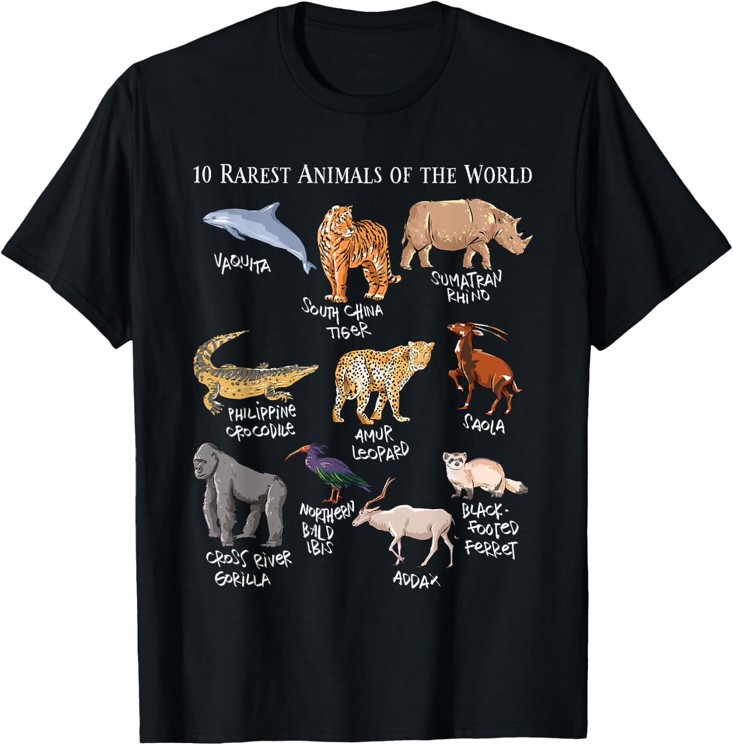 10 Rarest Animals of the World - Save the Endangered Fauna T-Shirt - T-Shirt | Black