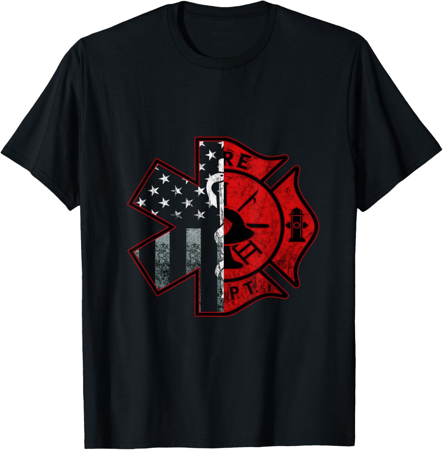 Firefighter Paramedic Symbol American Flag Fireman Fire T-Shirt - T-Shirt | Black