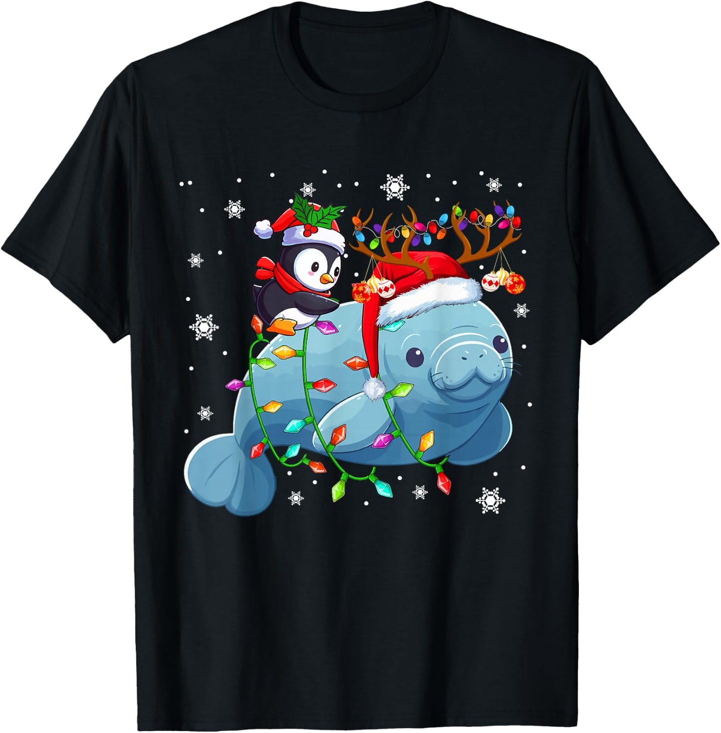 Santa Penguin Riding Reindeer Manatee Christmas Sea Animals T-Shirt - T-Shirt | Black