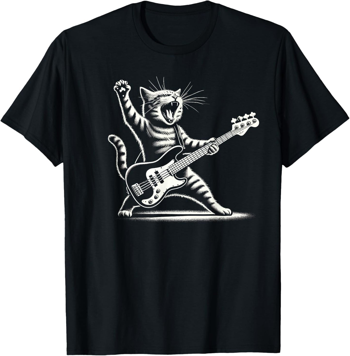 Rock Cat with Electric Bass Guitar Four Sides Bass Player , Black, S T-Shirt - T-Shirt | Black