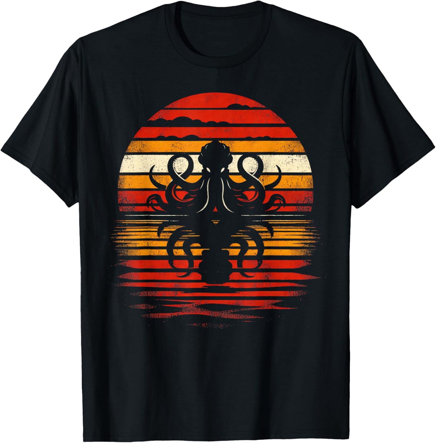 Octopus Sunset Retro Style Safari Vintage 70s Octopus T-Shirt - T-Shirt | Black