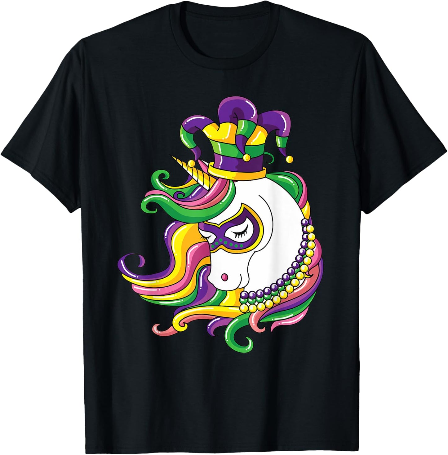 Jester Rainbow Unicorn design Mardi Gras Mask Costume T-Shirt - T-Shirt | Black