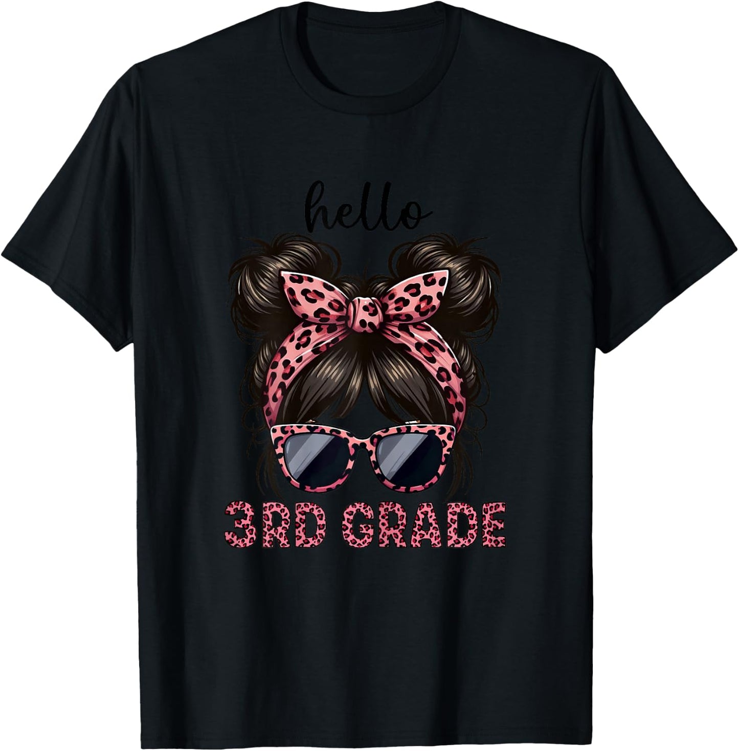 Hello 3rd Grade Messy Hair Bun Girl Leopard Back To School T-Shirt - T-Shirt | Black