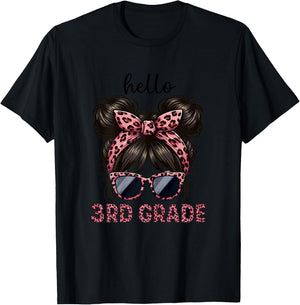 Hello 3rd Grade Messy Hair Bun Girl Leopard Back To School T-Shirt - T-Shirt | Black