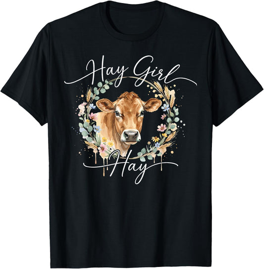 Hay Girl Hay Cow Lover Watercolor Floral Wreath T-Shirt - T-Shirt | Black