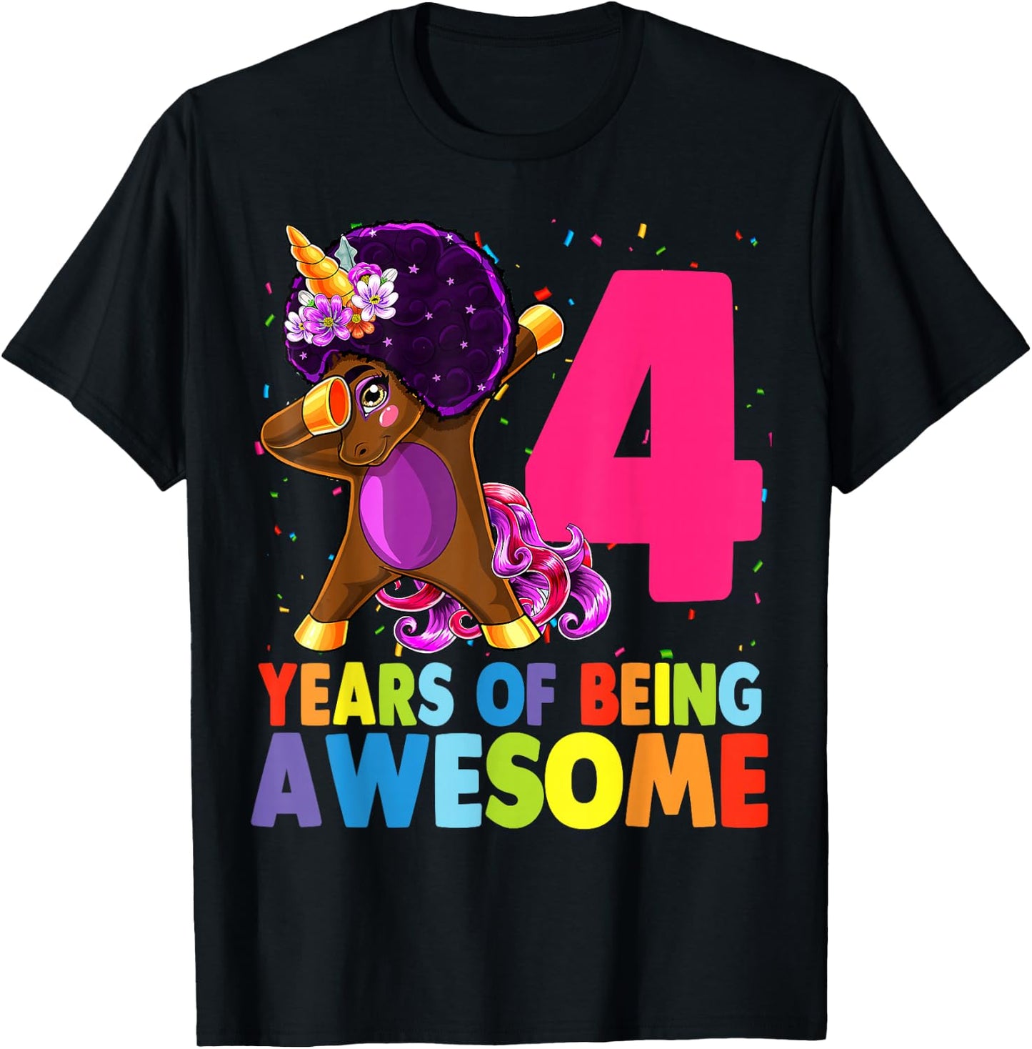 4th Birthday Dabbing Unicorn Afro Party Gift 4 Years Old T-Shirt - T-Shirt | Black