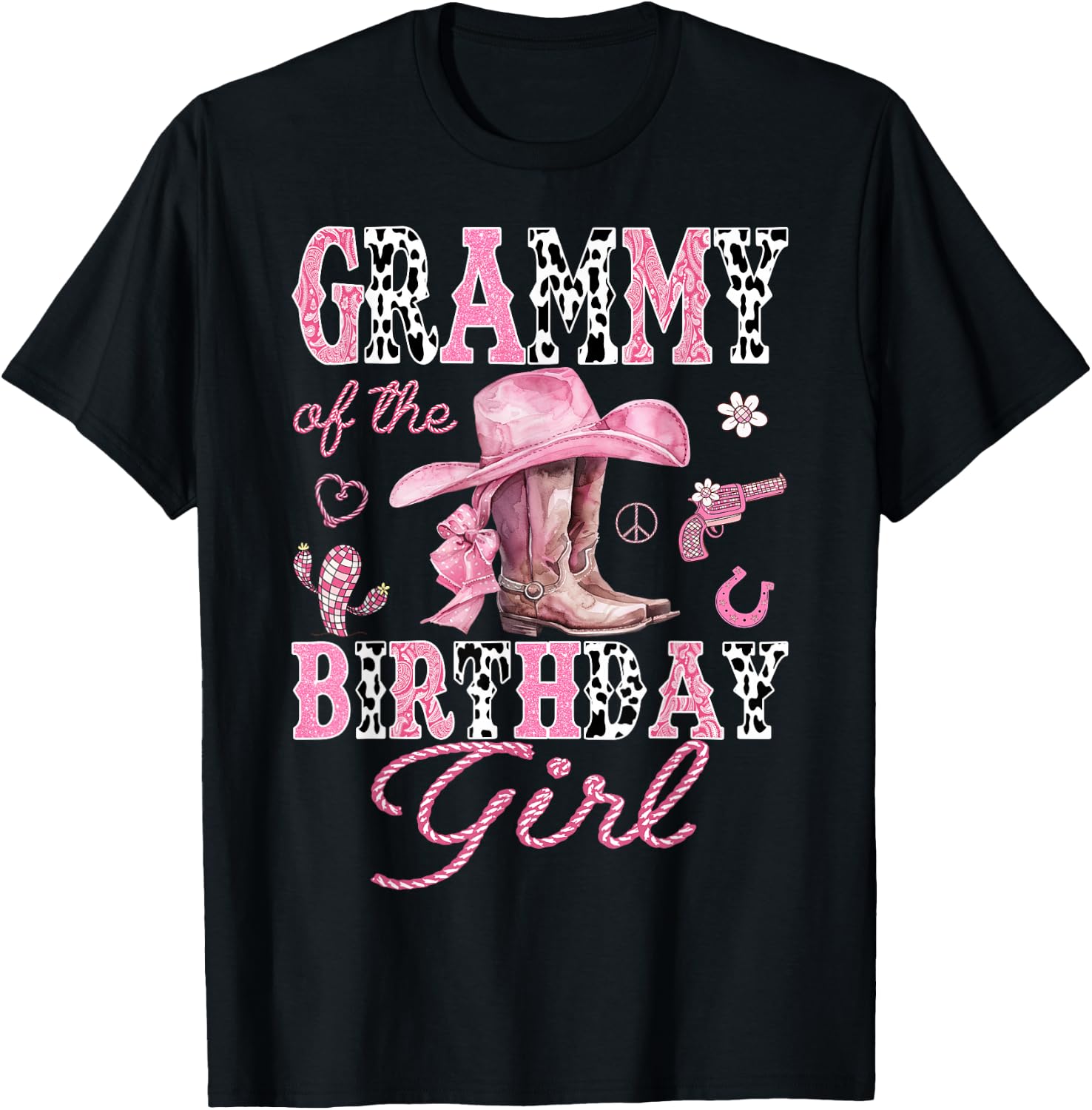 Grammy Of the Birthday Girl Pink CowGirl Western Rodeo T-Shirt - T-Shirt | Black