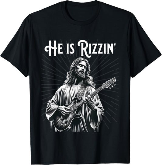 Funny Rizz Rif He is Rizzin Jesus Playing Guitar T-Shirt - T-Shirt | Black