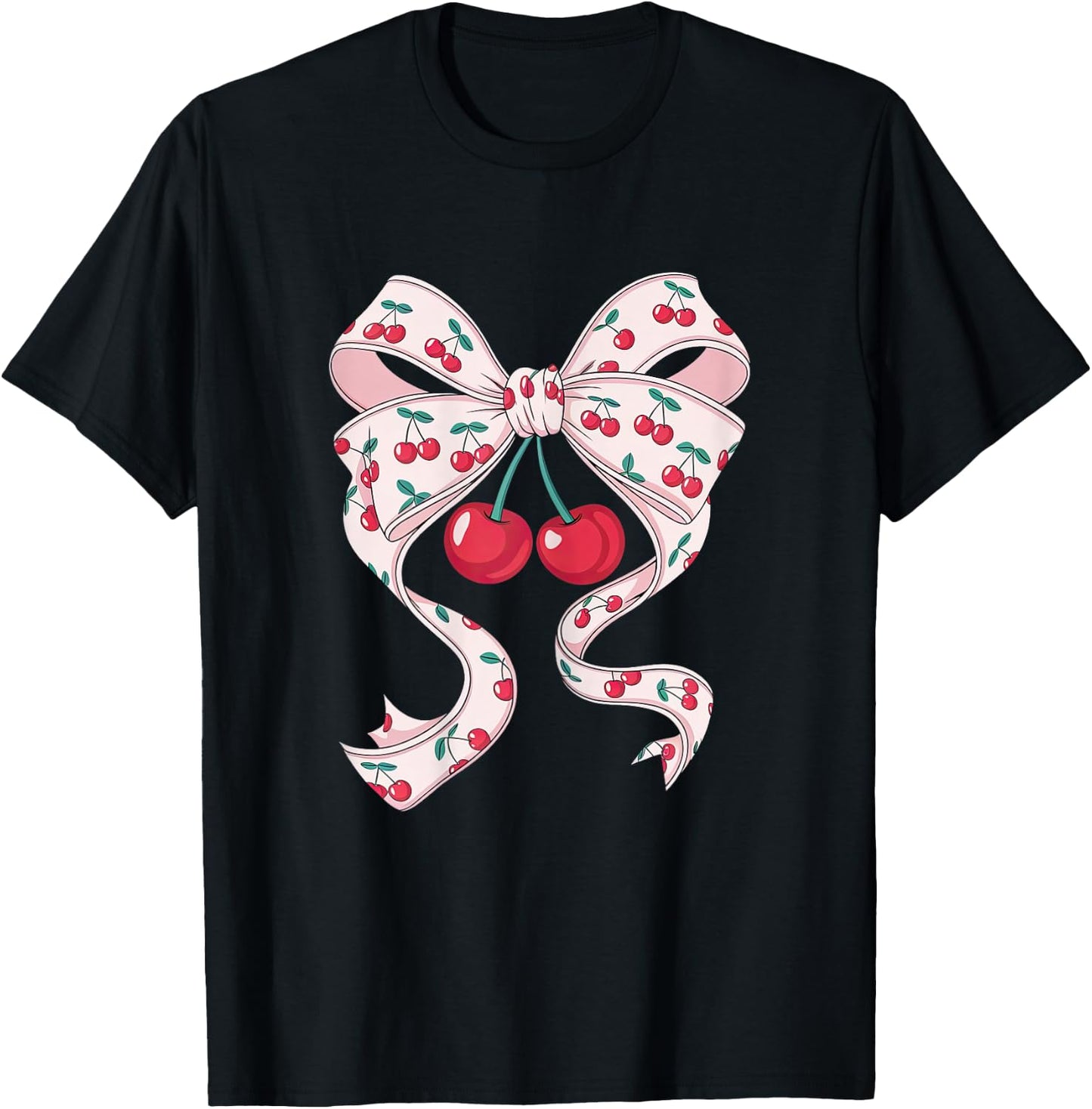Pretty Pink Bow Woman Cute Cherries Cute T-Shirt - T-Shirt | Black