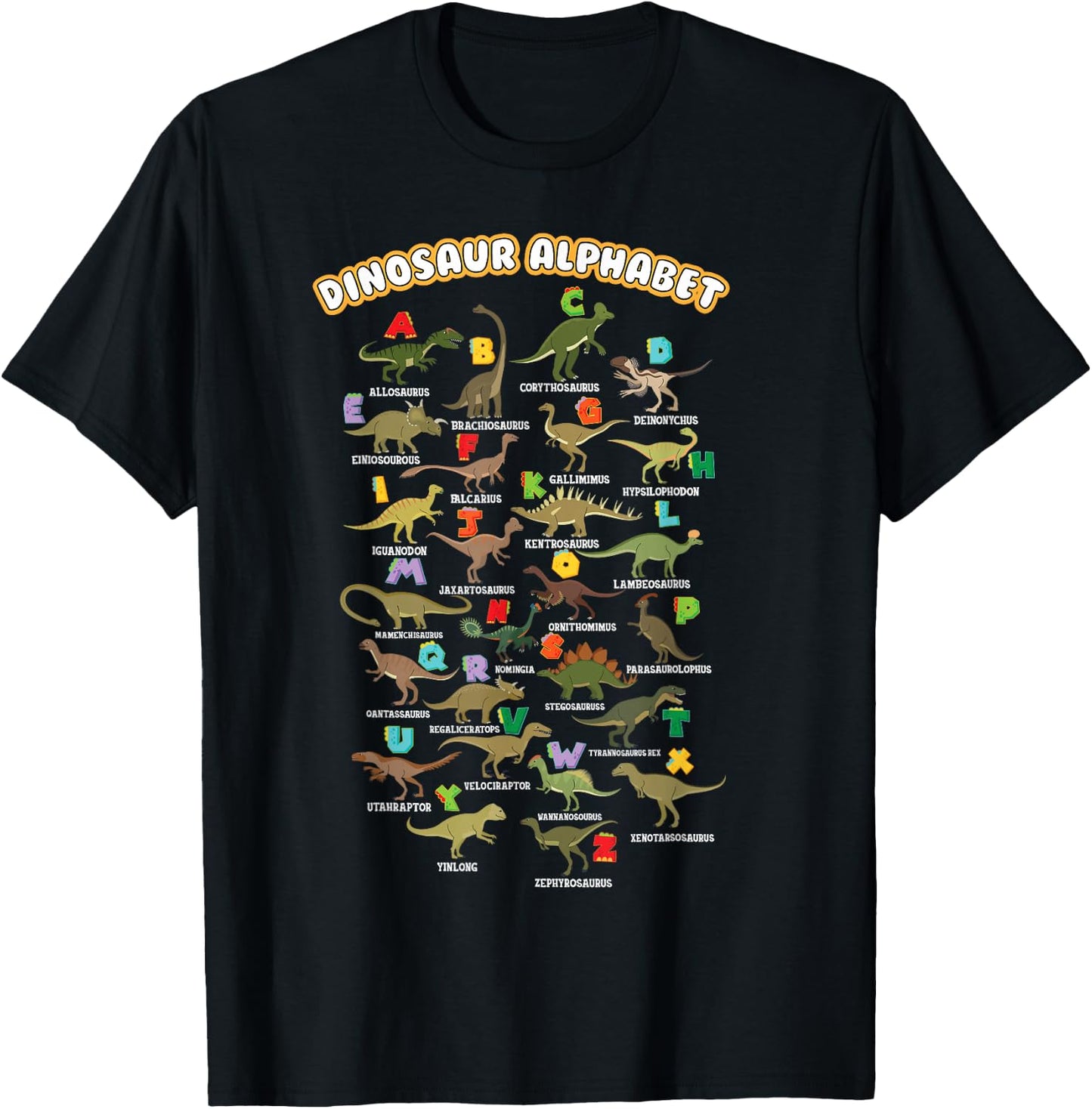 Cute Educational Types Dinosaurs Alphabet A-Z ABC Dino kids T-Shirt - T-Shirt | Black