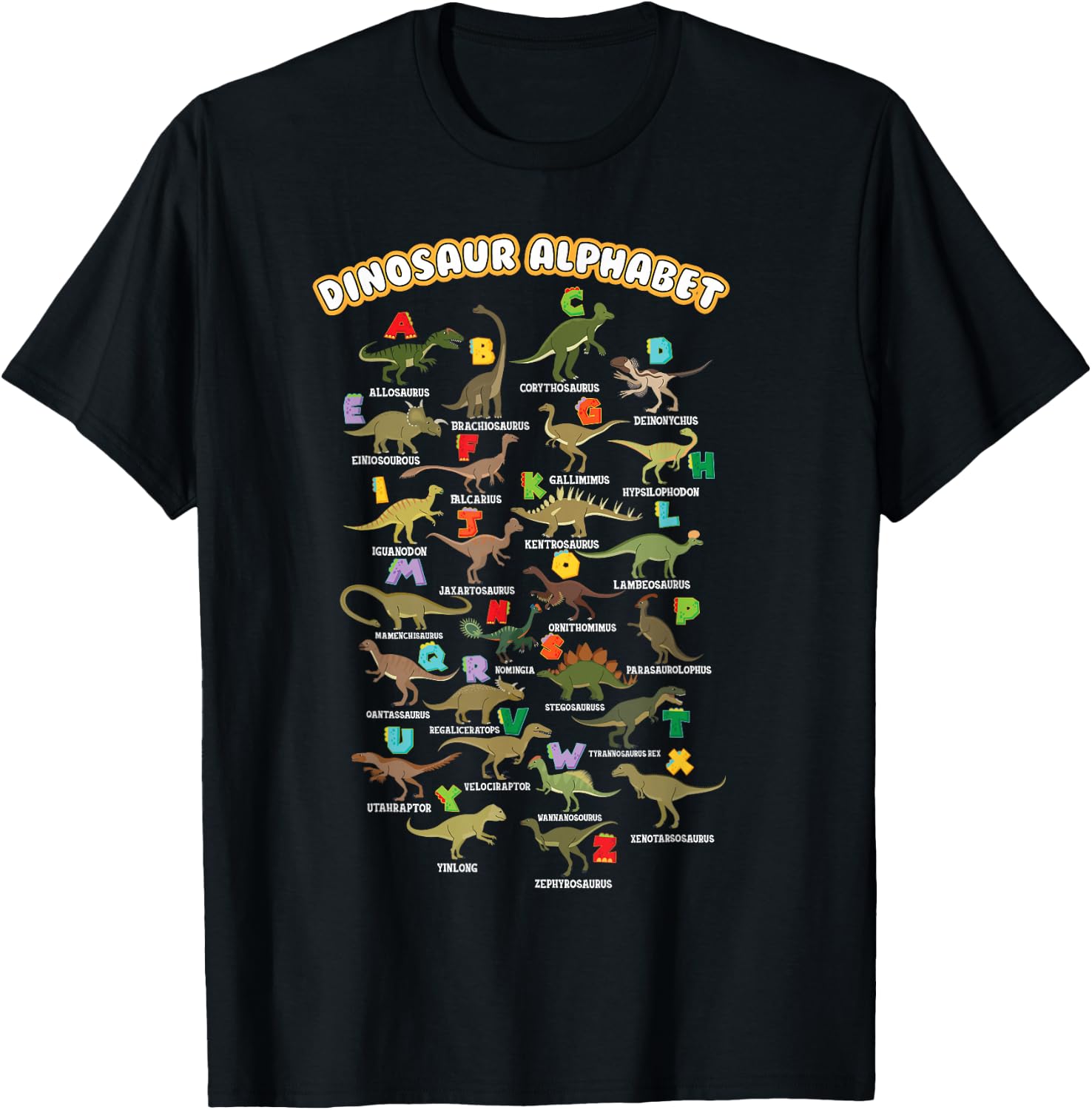 Cute Educational Types Dinosaurs Alphabet A-Z ABC Dino kids T-Shirt - T-Shirt | Black