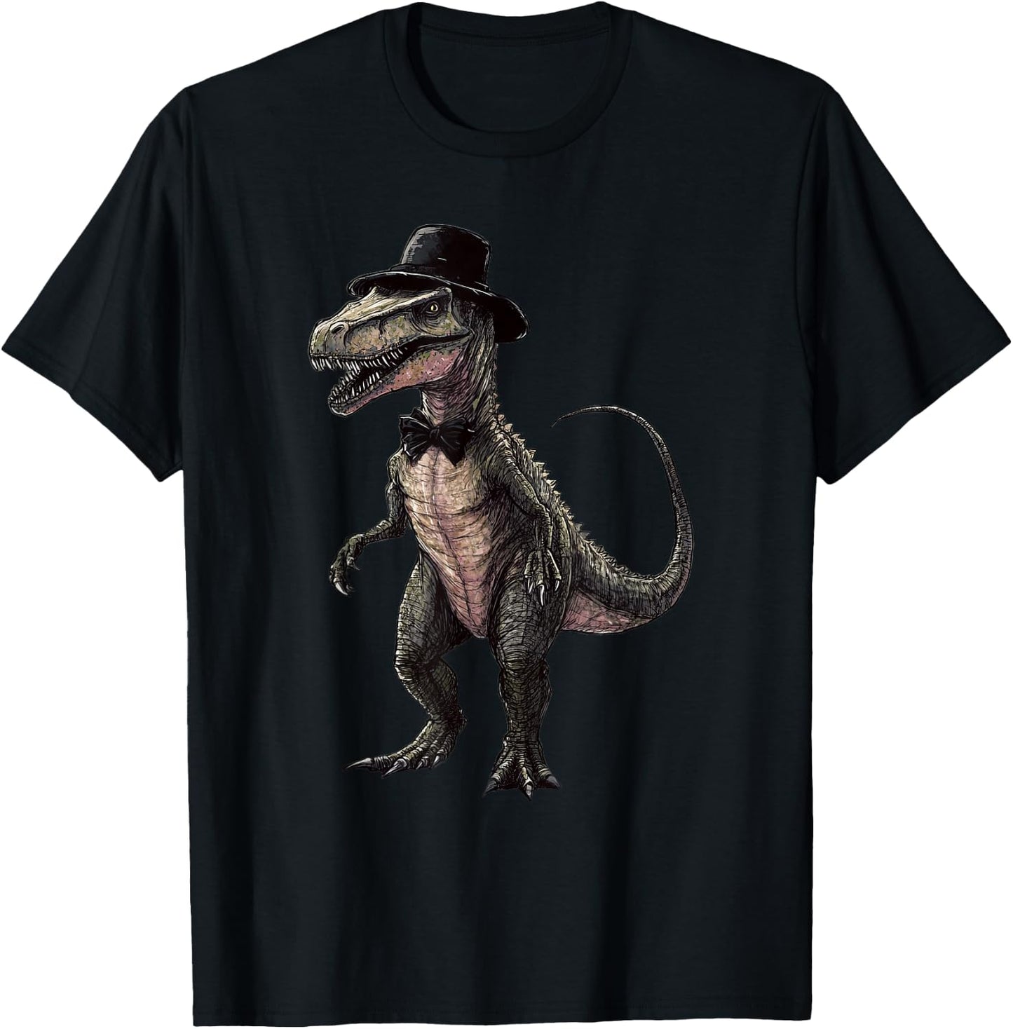 Spinosaurus Dinosaur Wearing A Hat And Bowtie T-Shirt - T-Shirt | Black